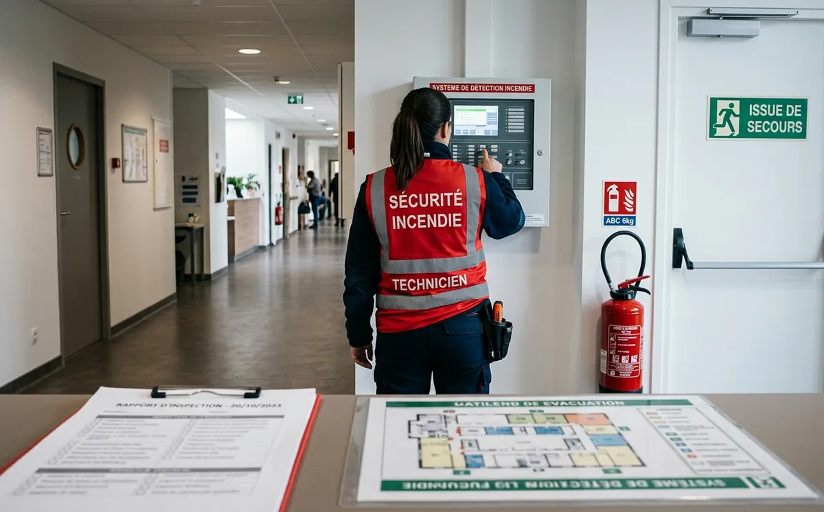 Inspection d'un tableau de contrôle de sécurité incendie dans un établissement recevant du public
