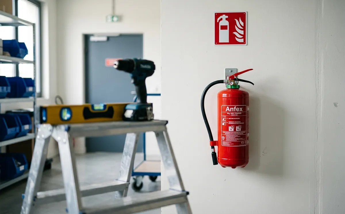 Extincteur rouge neuf installé sur un mur de local professionnel avec panneau de signalisation