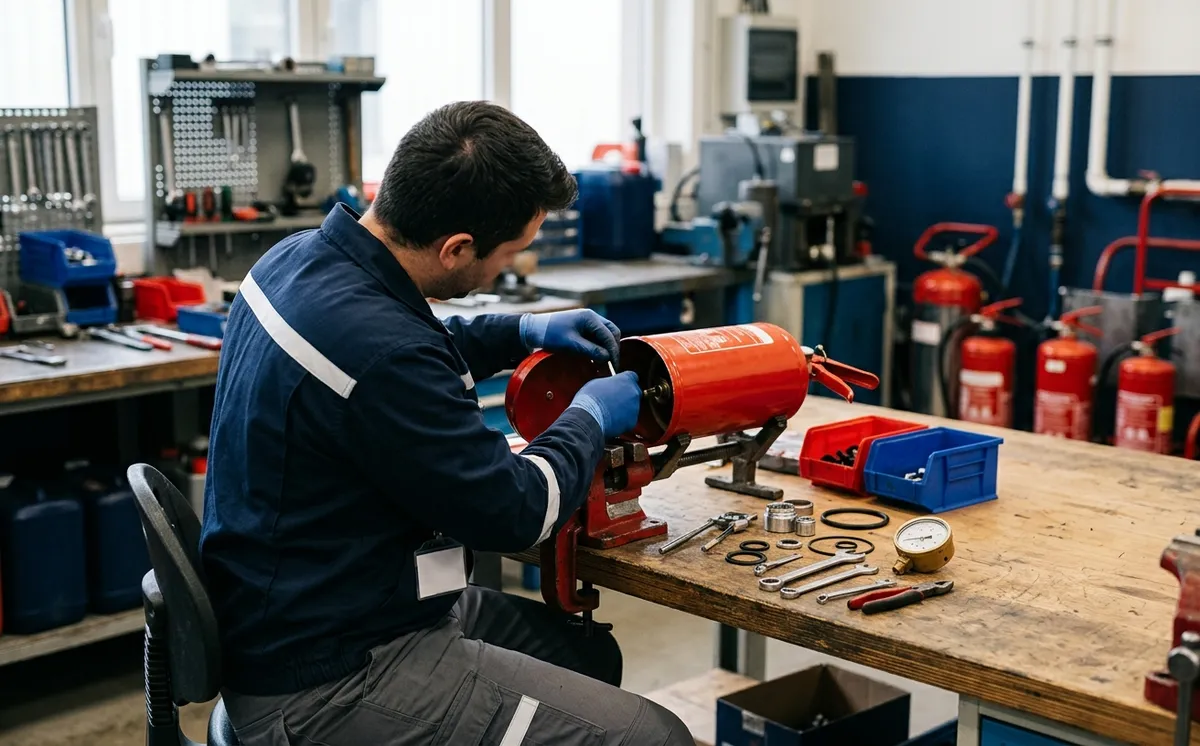 Maintenance d'un extincteur ouvert sur un établi d'atelier