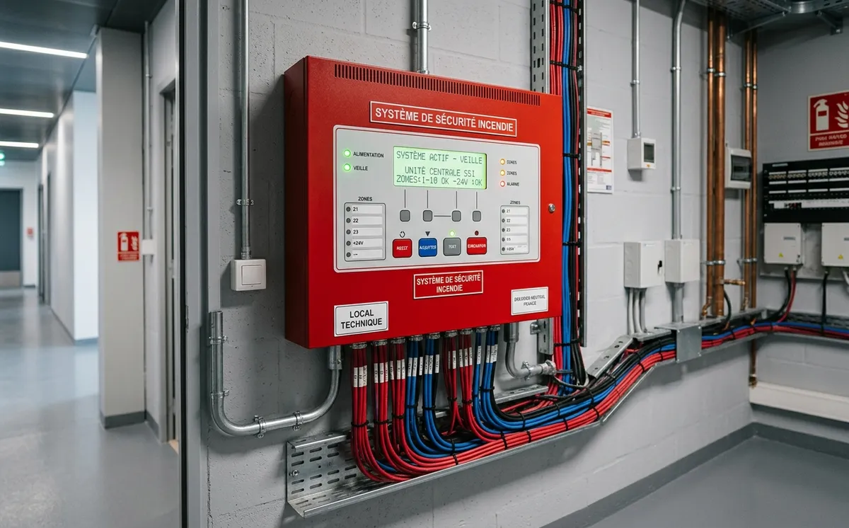 Centrale de sécurité incendie murale avec voyants dans un local technique