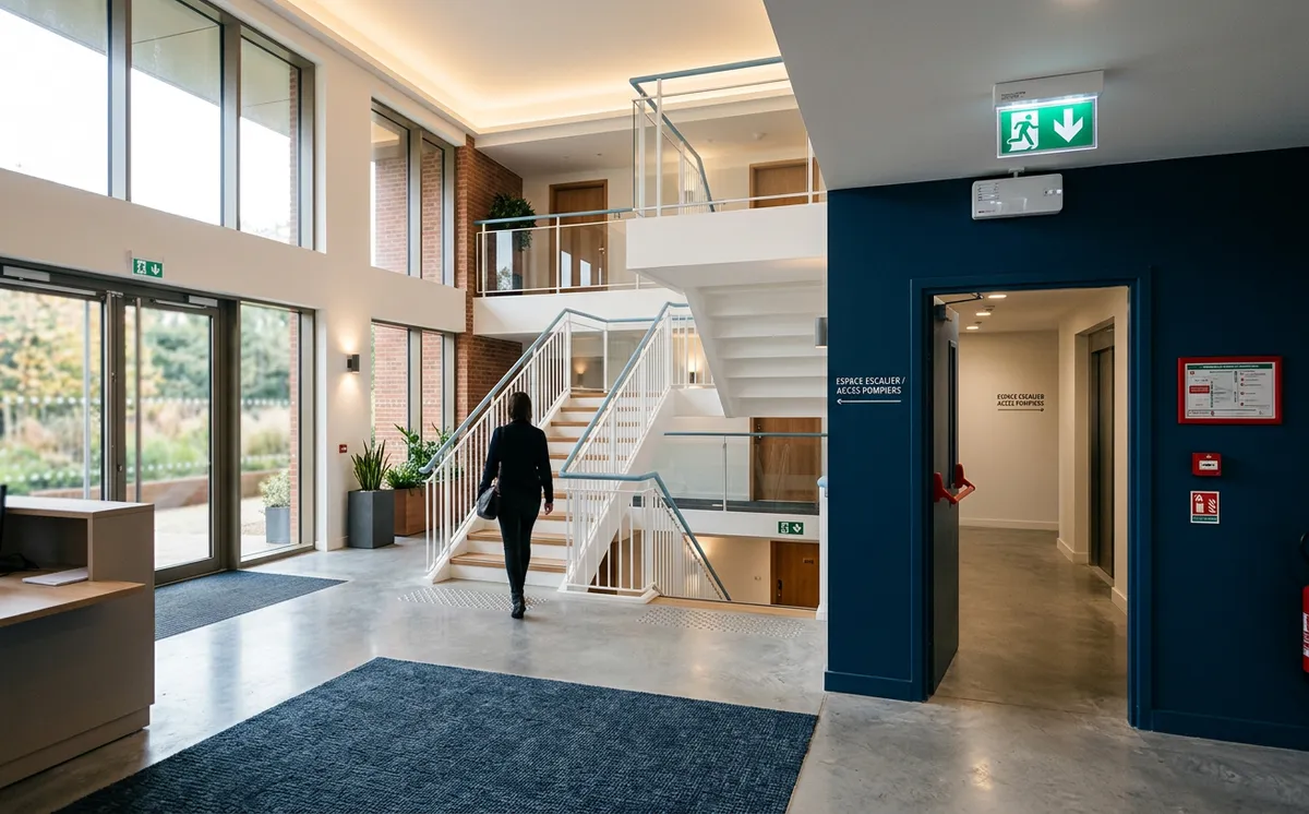 Hall d'entrée d'un immeuble d'habitation avec porte coupe-feu et éclairage de sécurité