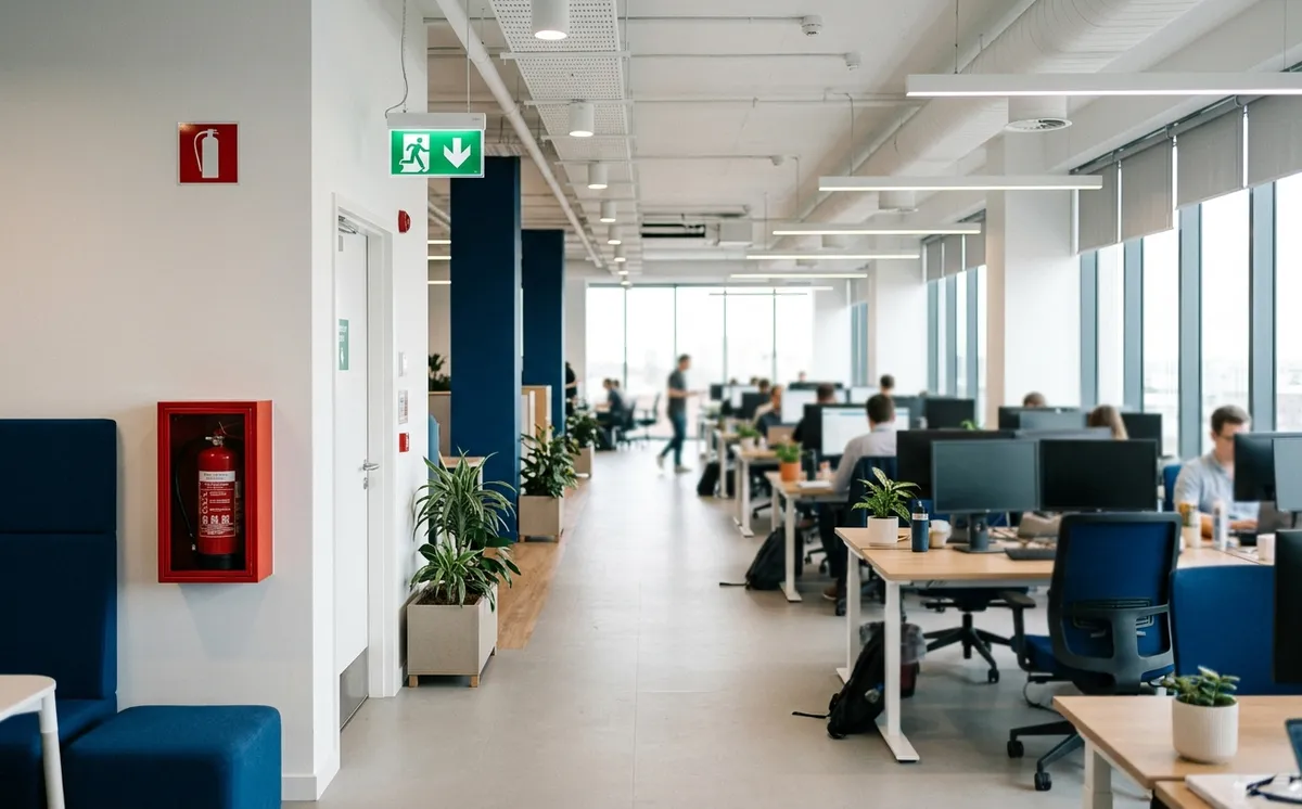 Open space de bureau avec extincteur signalé près d'une issue de secours