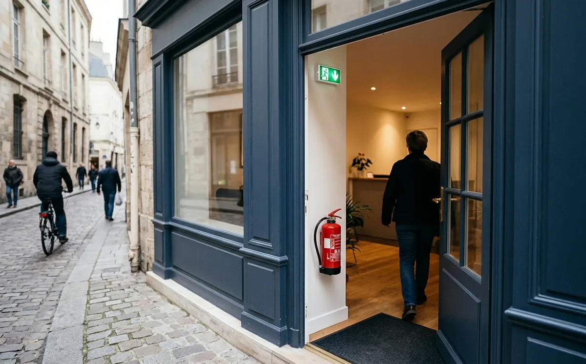 Entrée d'un établissement recevant du public avec pictogramme de sortie de secours et extincteur