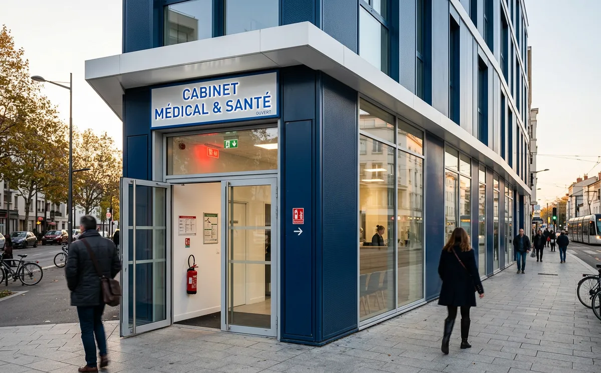 Façade d'un établissement recevant du public avec signalétique de sécurité incendie