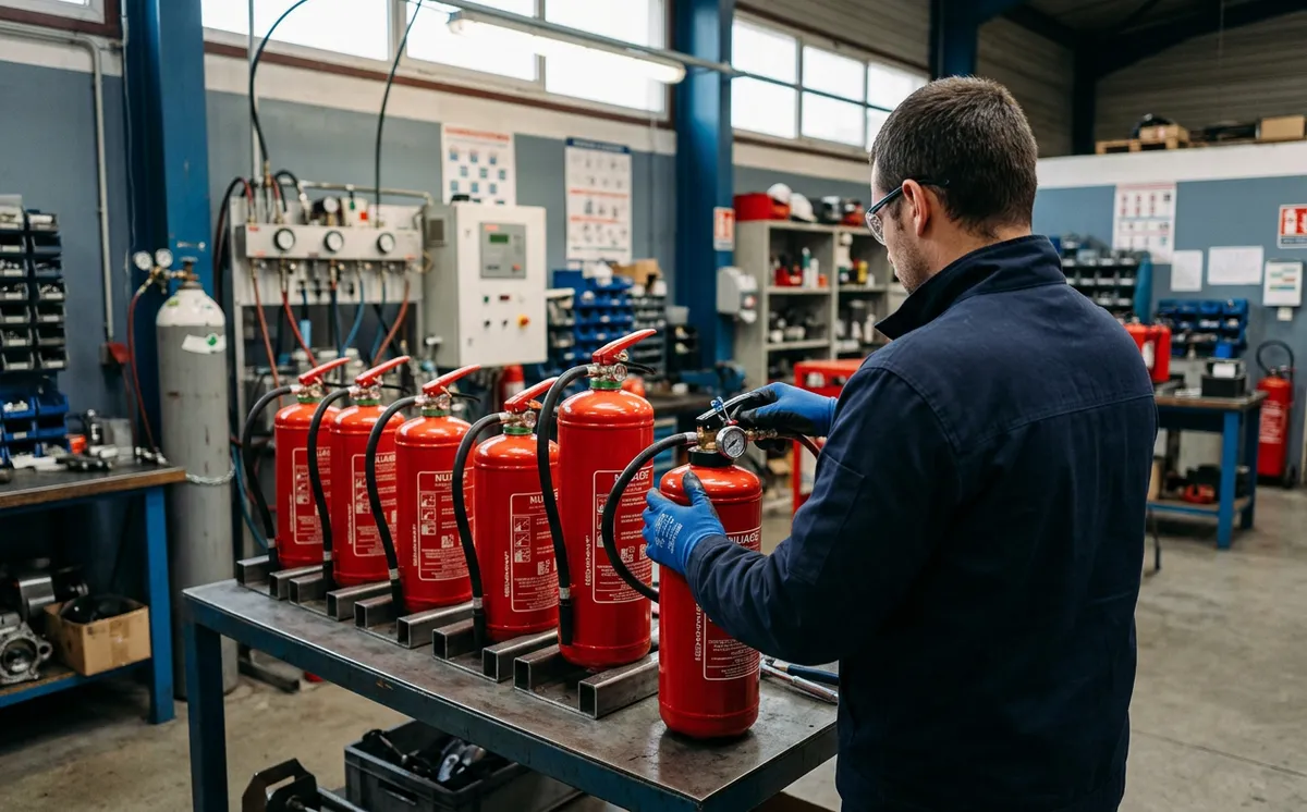 Atelier de recharge d'extincteurs rouges sur un établi de maintenance