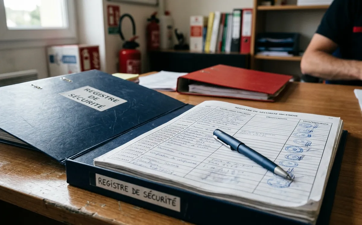 Registre de sécurité incendie ouvert sur un bureau avec dates de vérification et tampons