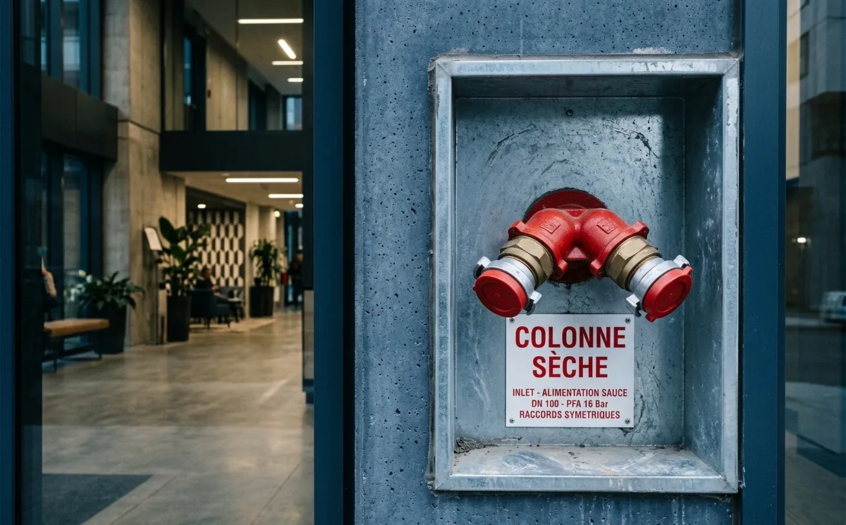 Raccord d'alimentation pompier d'une colonne sèche encastré au pied d'un immeuble