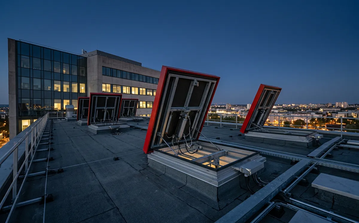 Exutoires de désenfumage ouverts en toiture d'un bâtiment