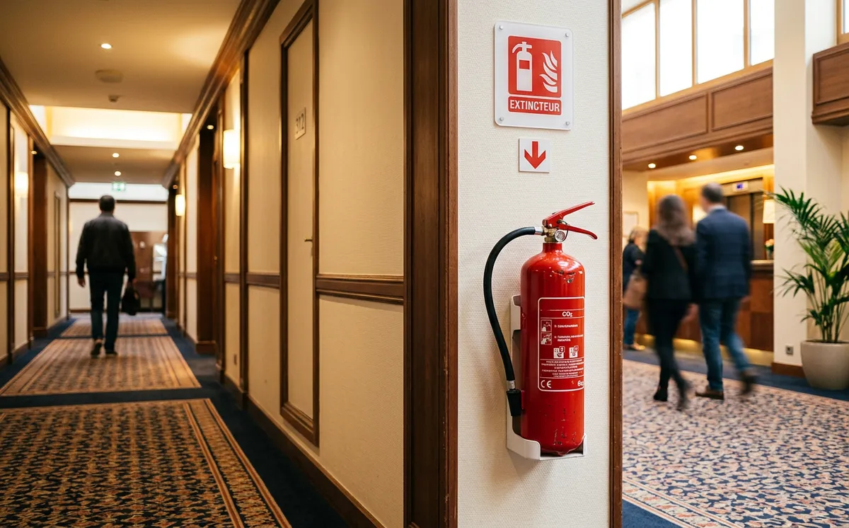 Extincteur dans le couloir d'un établissement recevant du public avec signalétique de sécurité