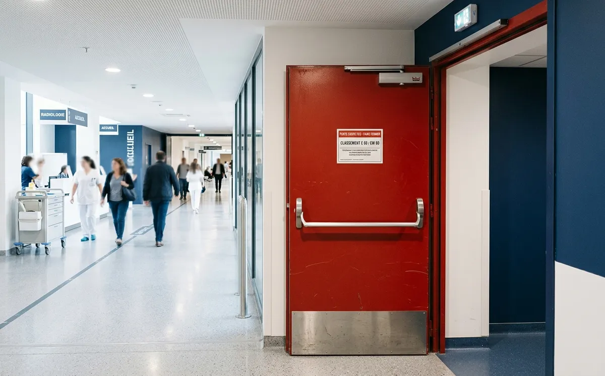 Porte coupe-feu métallique fermée dans la circulation d'un établissement recevant du public