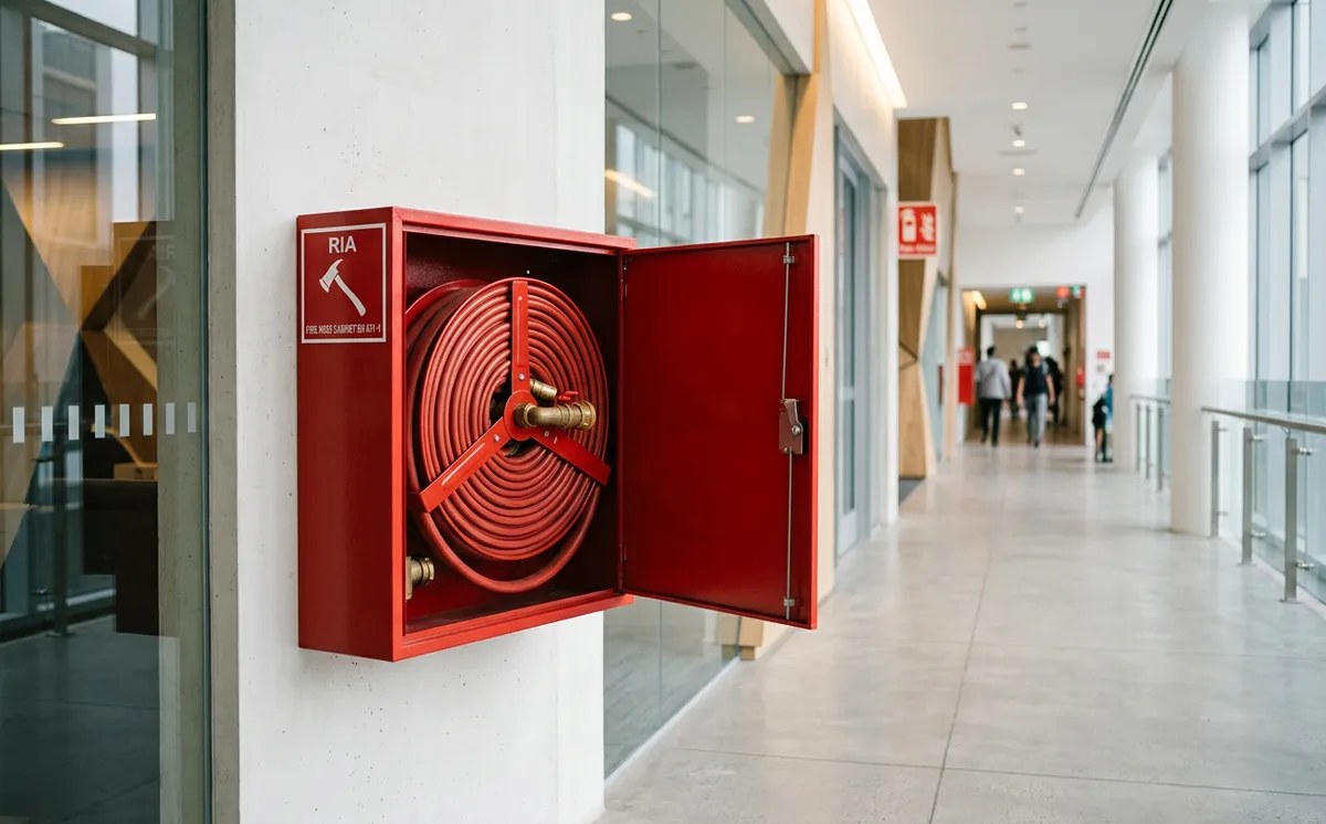 Robinet d'incendie armé rouge dans son coffret mural, tuyau sur dévidoir