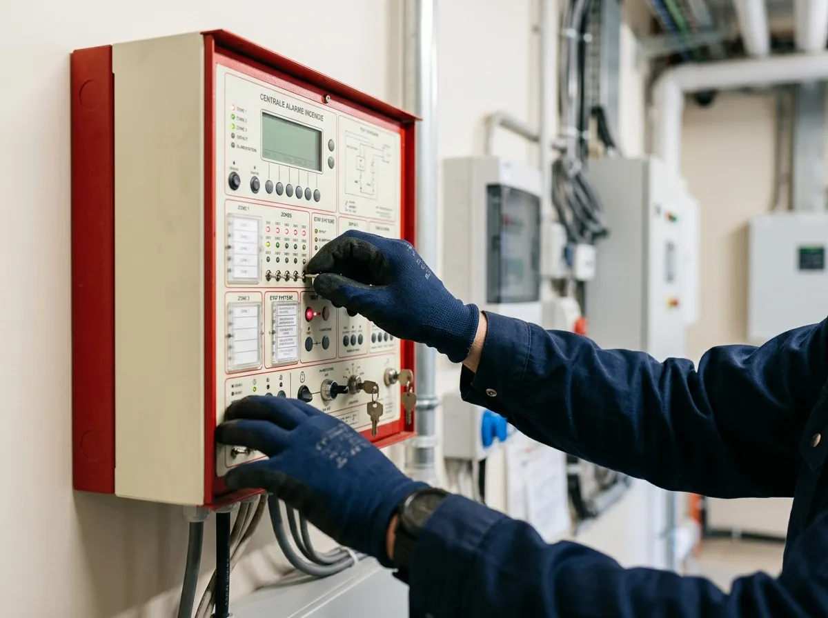 Technicien de maintenance sécurité incendie en intervention sur une centrale d'alarme
