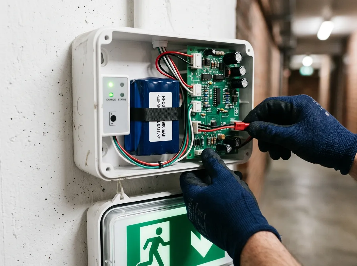 Bloc autonome d'éclairage de sécurité ouvert montrant la batterie