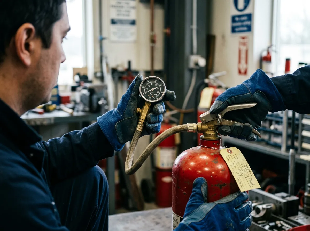 Technicien contrôlant la pression d'un extincteur lors de la vérification annuelle