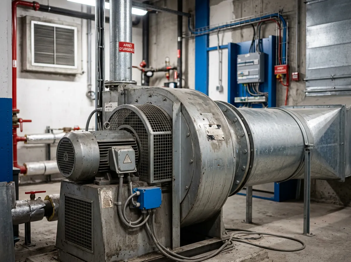 Ventilateur de désenfumage et conduit d'extraction dans un local technique