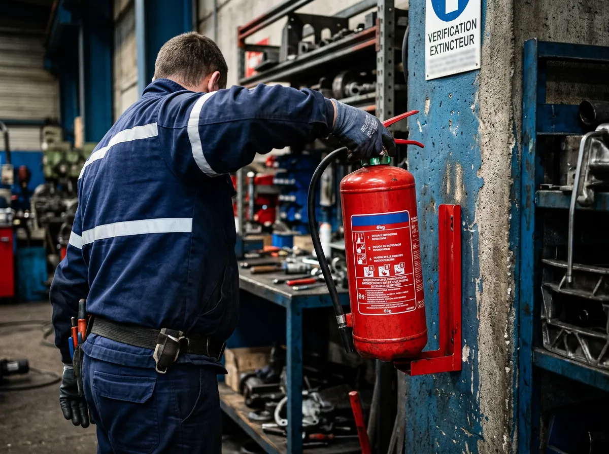 Technicien contrôlant un extincteur dans les locaux d'une entreprise
